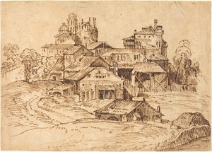 イタリアの町の眺め (ティツィアーノまたはドメニコ・カンパニョーラにちなんで) 作： Bolognese 17th Century