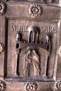 S.ラニエリ門での「訪問」を描いたパネル 作： Bonannus of Pisa