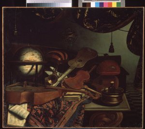「Still life with music instruments」（楽器のある静物） グローブ、フルート、楽譜、ヴィオール、ギター。 Bonaventura Bettera (1663-1718) の絵画 1715年 プーシキン美術館、モスクワ 作： Bonaventura Bettera