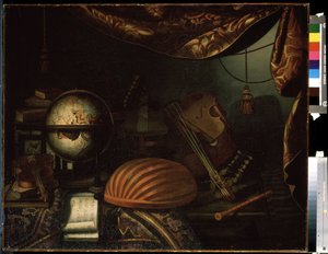 「Still life with music instruments」（楽器のある静物） グローブ、フルート、スコア、ヴィオール、ギター。 Bonaventura Bettera (1663-1718) の絵画 1715年 プーシキン美術館、モスクワ 作： Bonaventura Bettera