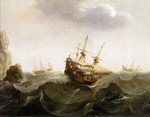 東インド諸島へのオランダ貿易船が、2隻のニシン漁船を通過させる。17世紀半ば、ボナヴェントゥーラ・ペータース（1614-1652）による油絵。