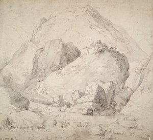 前景に馬に乗った人物がいる山岳風景 作： Bonaventura Peeters