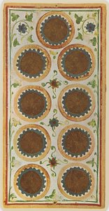 Nine of Coins、「Visconti」デッキのタロットカードの複製、1441-47 作： Bonifacio Bembo