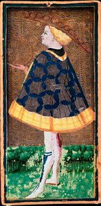 デニールカードのヴァレット。1440年頃、ボニファシオ・ベンボ（1420-1482）がフィリッポ・マリア・ヴィスコンティのために作ったタロットゲームの地図。ベルガモ。カッラーラ アカデミー ギャラリー