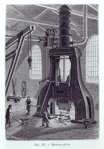 Le Creusot Power Hammer、産業機械に関する本のイラスト、c。 1880（bw写真） 作： Bonnafoux