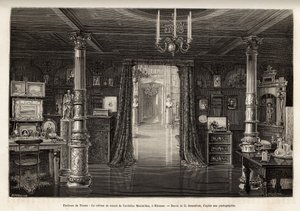 1857年にロンバルディア・ヴェネト王国の副王に任命されてから、トリエステ近郊に建設したミラマール城でのオーストリア大公マクシミリアン（1832-1867）の仕事用キャビネット、B.Bonnafouxの彫刻によるイラストレーション。