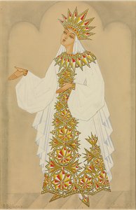 オペラ「ルスランとリュドミラ」よりリュドミラの衣装デザイン（ガッシュ、金彩） 作： Boris Bilinsky