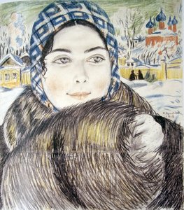 クストーディエフの市松模様のスカーフを身にまとった若い商人の妻、ボリス・ミハイロヴィチ (1878-1927) 作： Boris Mikhailovich Kustodiev