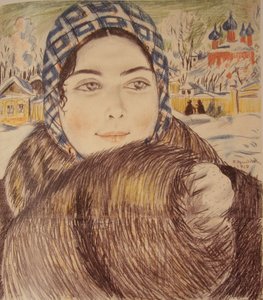 市松模様のスカーフ、1919年の若い商人の妻 作： Boris Mikhailovich Kustodiev