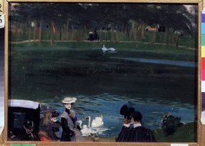 ブローニュの森。 白鳥と歩行者がいる湖。 Boris Michaylovich Kustodiev (Kustodiev) (1878-1927) による絵画、キャンバスに油彩 作： Boris Mikhailovich Kustodiev