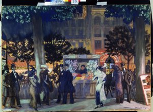 パリの大通り、夜。 （夜のパリの大通り）。 夏のパリの夜行性生活の描写。 モリス柱が見えます。 Boris Michaylovich Kustodiev (Kustodiev) (1878-1927) による絵画、キャンバスに油彩 作： Boris Mikhailovich Kustodiev