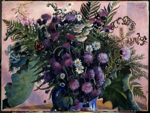 フィンランドの花の花束。 (フィンランドの花束)。 Boris Michaylovich Kustodiev (Kustodiev) (1878-1927) による絵画、キャンバスに油彩