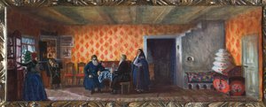 Decor preparatoire pour la piece de theatre ""La mort de Pasukhin"" de Mikhail Saltykov-Shchedrin (Saltykov Shchedrin, Saltykov-Chtchedrine, Saltykov Chtchedrine) (1826-1889) (M. Saltykow Schtschedrin による劇場劇 Pasukhin の死の舞台デザイン) ）。 作： Boris Mikhailovich Kustodiev