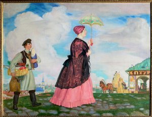 買い物をする商人の女性。 （購入した商人の女性）。 帰り道、日傘をさしたエレガントな女性の後ろに、買い物を運ぶ店員が続きます。 Boris Michaylovich Kustodiev (Kustodiev) (1878-1927) による絵画、油彩 作： Boris Mikhailovich Kustodiev