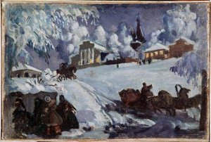 冬、そり（Winter. Sleigh Ride）。 ボリス・ミハイロヴィッチ・クストディエフ (クストディエフ) (1878-1927) の絵画、キャンバスに油彩、1920 年頃。ロシア美術、20 世紀初頭。 プライベート コレクション。 作： Boris Mikhailovich Kustodiev