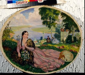 ヴォルガ川の若い女性 - ヴォルガの少女 - ボリス・クストディエフ (クストディエフ) (1878-1927) 作、キャンバスに油彩 作： Boris Mikhailovich Kustodiev