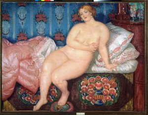 美しさ（美しさ）。 裸の太った金髪の女性のポートレート。笑みを浮かべ、控えめな身振りで胸を隠し、整えられていないベッドに半分座っている。 Boris Michaylovich Kustodiev (Kustodiev) (1878-1927) による絵画、キャンバスに油彩