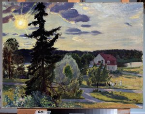 夜の風景。 家の前の芝生で子供たちのグループがボールで遊んでいます。 Boris Michaylovich Kustodiev (Kustodiev) (1878-1927) による絵画、キャンバスに油彩 作： Boris Mikhailovich Kustodiev