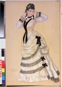 アレクサンドル・オストロフスキー (1823-1886) による演劇「オオカミと羊」の女性衣装プロジェクト (A. オストロフスキーによる演劇「オオカミと羊」の衣装デザイン)。 Boris Michaylovich Kustodiev (Koustodiev) (1878-1927) の作品、カードに水彩 作： Boris Mikhailovich Kustodiev