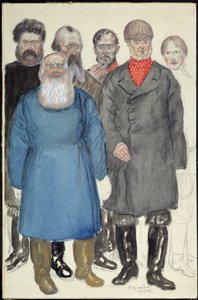 Alexandre Ostrovsky (1823-1886) による劇場劇「オオカミと羊」の衣装デザイン (A. オストロフスキーによる劇場劇「オオカミと羊」の衣装デザイン)。 Boris Michaylovich Kustodiev (Koustodiev) (1878-1927) の作品、紙に水彩 作： Boris Mikhailovich Kustodiev