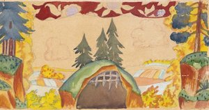 オペラの舞台デザイン、N。リムスキーコルサコフ作「黄金の鶏」1927年 作： Boris Mikhailovich Kustodiev