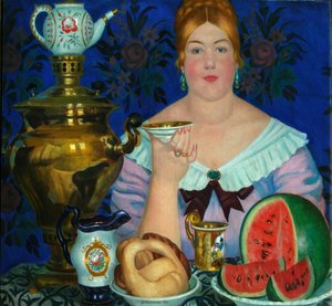お茶を飲む商人の妻、1923 作： Boris Mikhailovich Kustodiev