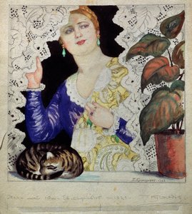 Une femme russe a sa fenetre (窓際のロシアの少女)。 金髪の清楚な女性 (ドレス、ジュエリー、ショール、魅力) が窓からレースのカーテンを押し戻します。 棚の上では、緑の植物と猫がボールに転がっています。 ボリス・ミハイロビッチ・クスの作品 作： Boris Mikhailovich Kustodiev