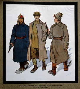 1917年の革命後のロシア。「革命法廷に連れてこられた拘留者」。ボリス・ズヴォーリキン（1872-1935）の描いたもの。社会史研究所、モントルイユ 作： Boris Vasilievich Zvorykin