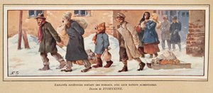 配給品を持ってオフィスを出るソビエトの労働者（Histoire des Soviets, pub.1922年（カラーリトグラフ）より 作： Boris Vasilievich Zvorykin