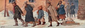 配給品を持ってオフィスを出るソ連の労働者たち（カラーリトグラフ 作： Boris Vasilievich Zvorykin