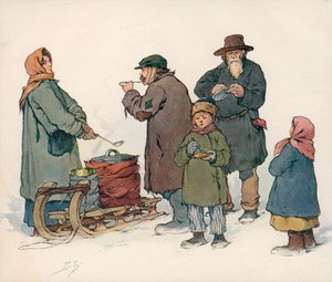 ソビエトロシアの路上で温かいスープを売る女性（カラーリトグラフ 作： Boris Vasilievich Zvorykin