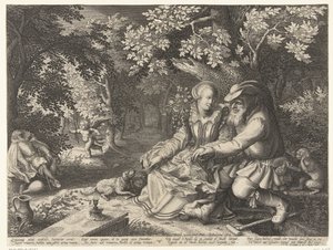 死神とキューピッドは互いに矢を放ち、老人は若い女性に礼儀正しく 作： Boëtius Adamsz. Bolswert