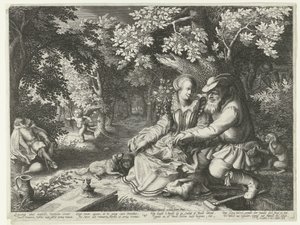 死神とキューピッドは互いに矢を放ち、老人は若い女性に礼儀正しくする 作： Boëtius Adamsz. Bolswert