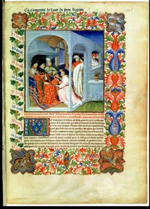 Fr 2810 f.226女史、ヘイトン兄弟が彼の本をジャン・サンス・プールに贈る、「リヴル・デ・メルヴェイユ・デュ・モンド」、1410〜12年（1vellumのテンペラ）
