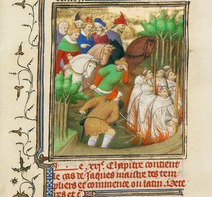 フィリップ公正とその廷臣たちの前で焼かれたテンプル騎士団、1413-1415年頃 作： Boucicaut Master,