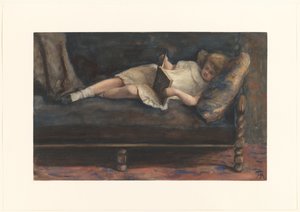 ソファに横になって本を読んでいる女の子 作： Bramine Hubrecht