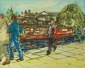 Camden Lock, Towpath上の少年たち」（水彩・紙 作： Brenda Brin Booker