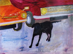 中古車のロットで犬、赤い車でレックス 作： Brenda Brin Booker