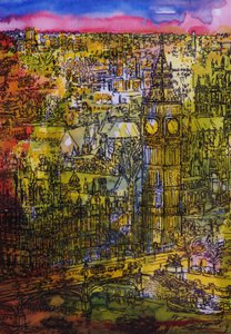 ロンドン、ウェストミンスター（紙にトイレとペン） 作： Brenda Brin Booker