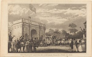 バッキンガム宮殿を離れる女王陛下、1838 年 6 月 28 日 [左半分] 作： British 19th Century
