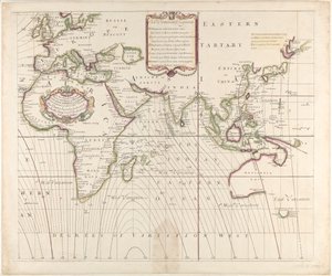 1700年に発見されたコンパスの変動を示す、新しく正しい全世界の海図。 作： British School