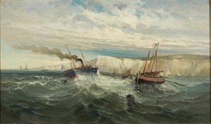 ドーバーの白い崖で砕ける波 (キャンバスに油彩) 作： British School
