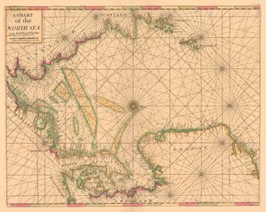北海の海図：ノルウェーからドーバー海峡、1700年頃（カラー版画） 作： British School