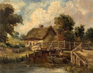 サフォーク州イーストバーグホルト近くのコテージ（キャンバスに油彩） 作： British School