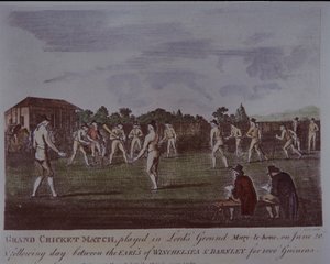 1793年6月、ロードスでのクリケットの試合（彩色済み彫刻 作： British School