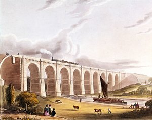 産業革命: サンキー バレーを横断する鉄道高架橋の眺め。 1832 年にロンドンで撮影された「リバプール & マンチェスター鉄道」のプレート。 作： British School