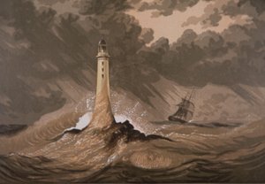 灯台は海で嵐の中で岩石の船に警告します (色リソ) 作： British School