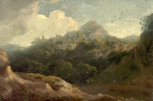 山岳風景、朝（木に油彩） 作： British School