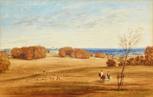 Horsley Towers、サリー州の展望 (ペンとインクと水彩) 作： British School