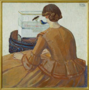 鳥かごの前の若い女性 作： Bronica Koller Pinell